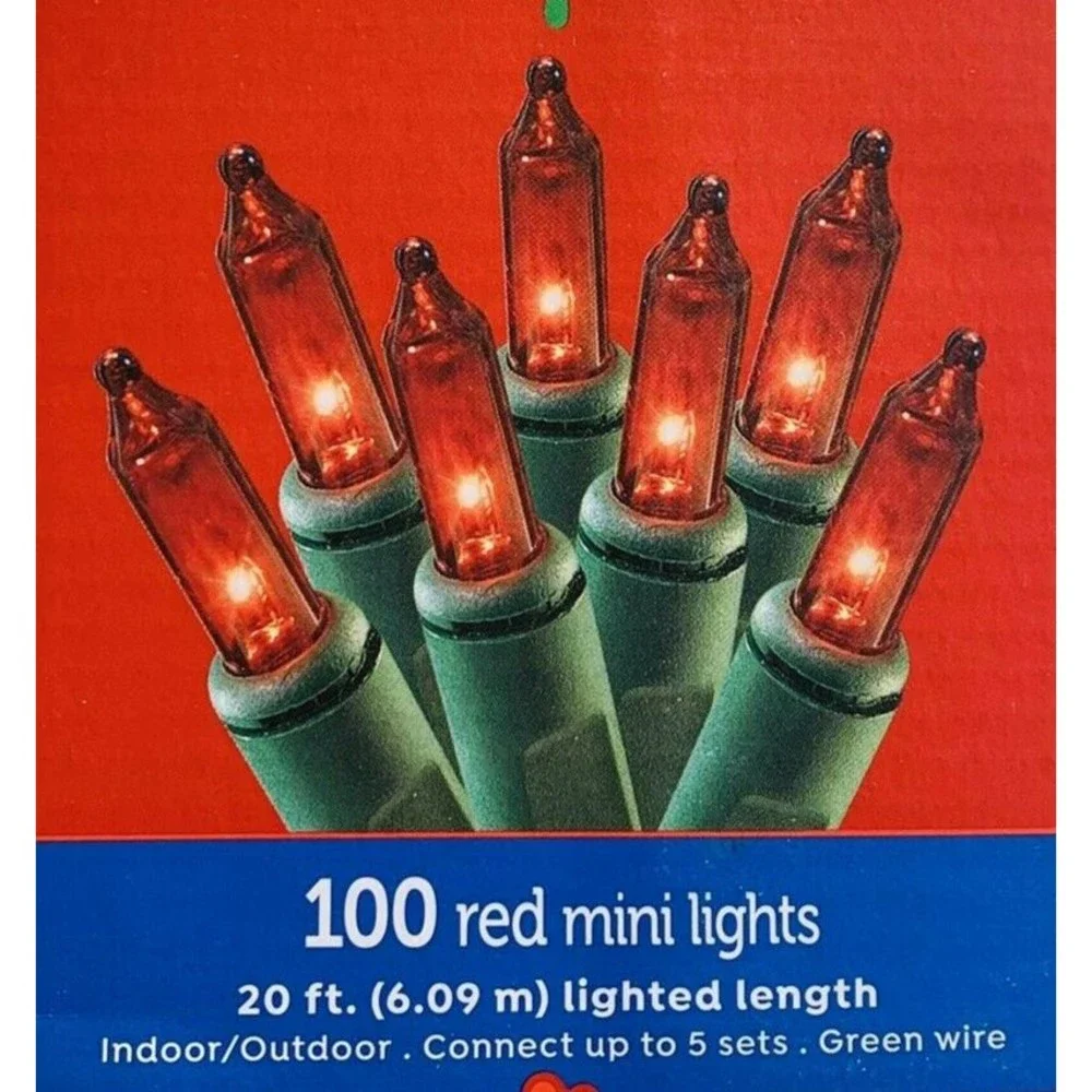 RED Mini Lights String 100 Count Green Wire Valentines Christmas Incandescen 20'